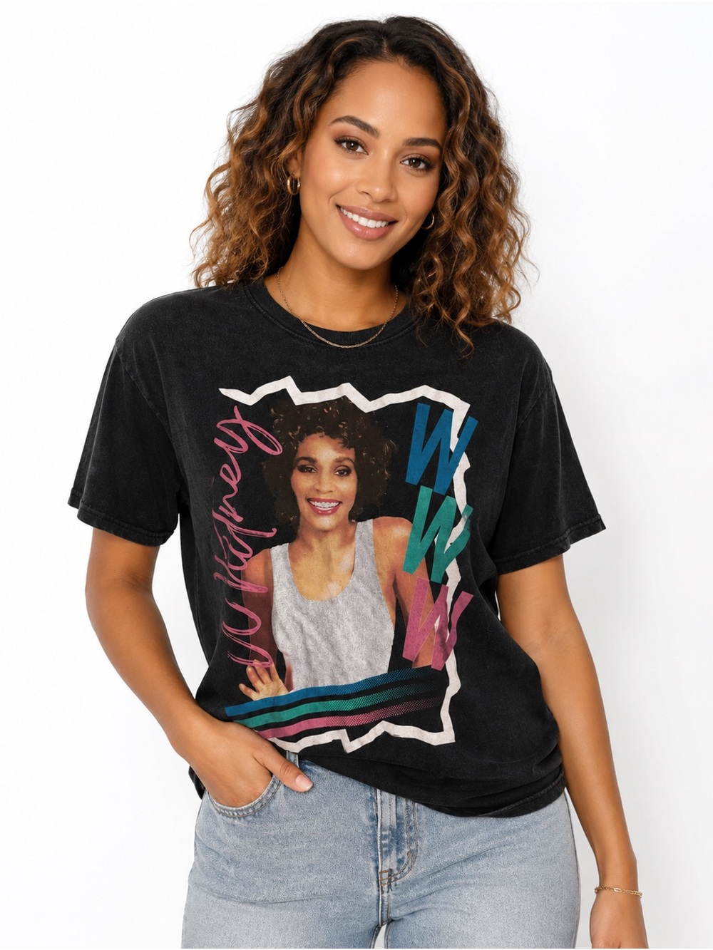 Whitney Houston vintage-style black graphic t-shirt
